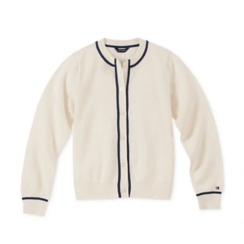 Tommy Hilfiger girls navy cream fine gauge knit cotton cardigan 3T preppy proper